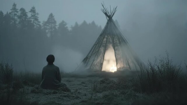Person approaching and sitting before glowing tipi in misty forest. Serene meditation by indigenous shelter. Spiritual solitude in foggy woods at dusk.