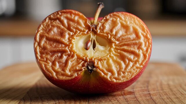 Close-up of a half-cut apple showing brown oxidation and textured flesh on a wooden surface