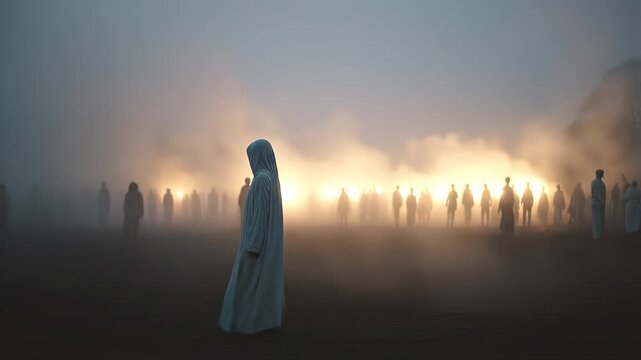 Woman in flowing white robe walks through thick fog toward group of robed figures gathered around glowing fire in misty field. Ethereal spiritual procession at dawn concept.