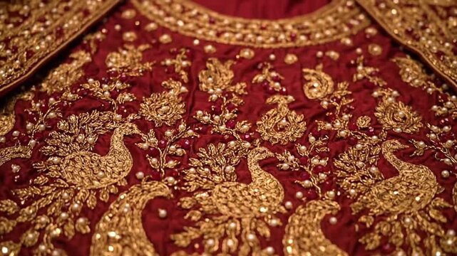 Intricate Gold Zari Embroidery Detail on Rich Maroon Textile Featuring Traditional Peacock Motifs and Pearl Accents
