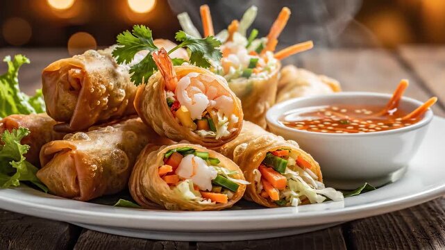 Delicious platter of crispy spring rolls with fresh vegetables and shrimp served with a sweet dipping sauce on a wooden table