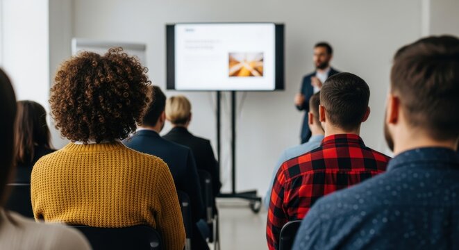 Diverse professional audience watching a presenter at a corporate seminar for business development and training workshop.