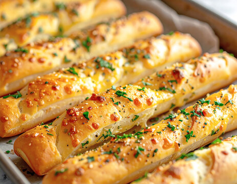 Baked garlic bread sticks, sheet pan, macro shot. AI