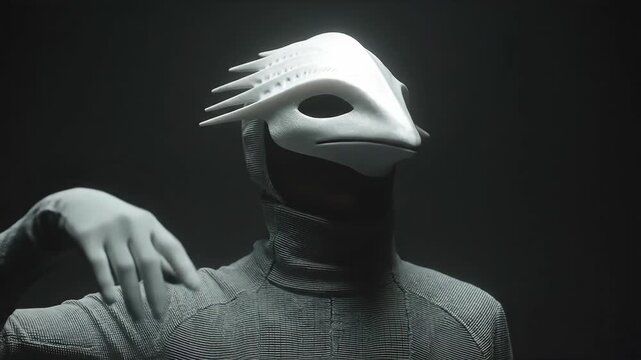 Man in white spiked mask posing mysteriously in dark background. Futuristic bird-like headgear on gray turtleneck figure. Sci-fi alien disguise concept for horror animation.