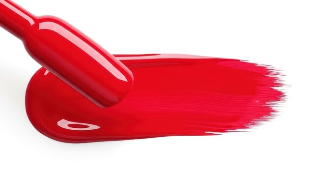 Red nail polish stroke with brush applicator on a white background