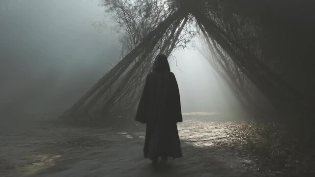Hooded figure approaching misty teepee in foggy woodland. Cloaked silhouette entering ancient branch structure. Mysterious spiritual journey and enigma concept.