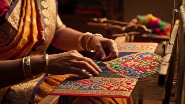 Artisan hands carefully weaving intricate traditional textile patterns on a handloom in an indoor workshop setting