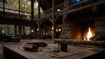 Naklejka premium Fireplace burns in the living room, with a coffee table and decorative items placed nearby, inviting a warm and cozy space