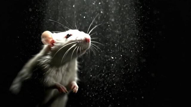 White rat curiously gazing upward at falling snowflakes in sequential frames. Rodent tilting head with whiskers out then opening mouth in awe and finally rearing up on hind legs reaching toward