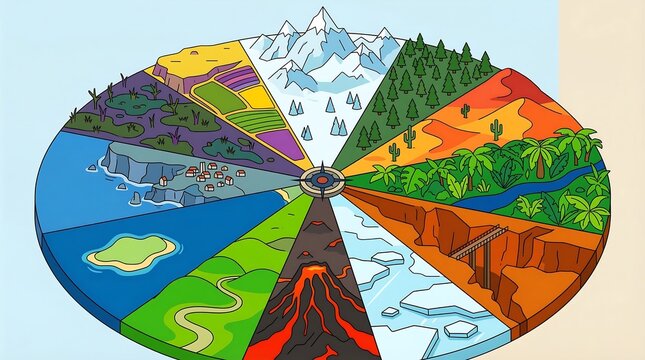 Colorful radial world map infographic with 12 thematic sectors for global concepts