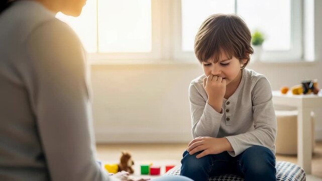 Caucasian boy sits thoughtfully in therapy sessions with a woman, showing progression from anxiety to engagement for child development