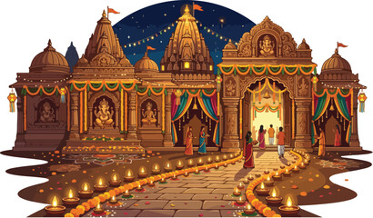 Fototapeta premium A serene Hindu temple complex illuminated with numerous candles and string lights at night, featuring intricate architecture and a peaceful atmosphere.
