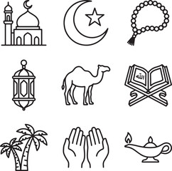 Fototapeta premium Hajj Season Islamic Vector Icons Set with Mosque and Religious Symbols