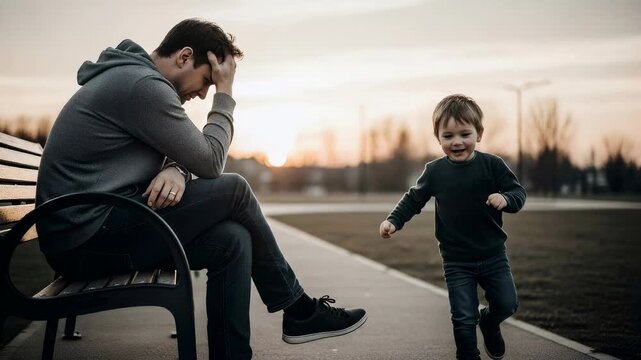 Upset caucasian man on bench with child running, fatherhood challenge with special needs kid, parent support for behavioral issues