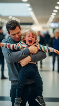 Man desperately holds his crying child, a boy, facing a behavioral problem and neurological disorder in a public place Vertical video