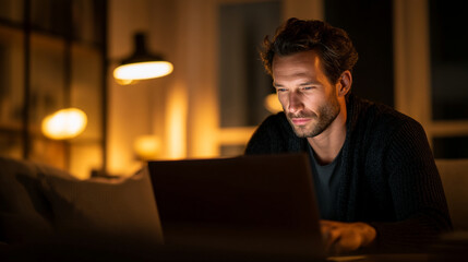 Fototapeta premium A focused man works on his laptop in a dimly lit room.