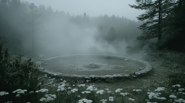 Misty stone circle in foggy forest. Smoke rising from ancient ring amid trees. White flowers surrounding woodland ritual site in ethereal atmosphere.