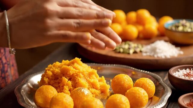 Hands forming traditional Indian sweet dessert balls from saffron colored dough mixture closeup for festive preparation