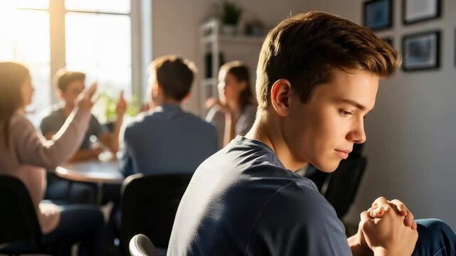 Young caucasian man feeling sad and withdrawn in a group setting due to social interaction challenges, concept of autism spectrum disorder
