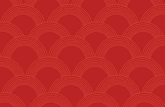 Japanese seamless pattern in oriental geometric traditional style. 3d festive ornament for lunar chinese new year decoration. Red and golden abstract asian vector creative motif. Vintage tiger, Goat