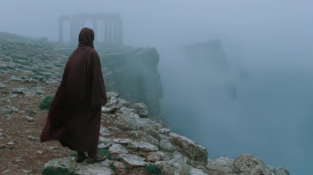 Man in hooded robe stands on ancient cliffside overlooking misty sea. Contemplative journey through foggy ruins and rocky edge in surreal landscape.