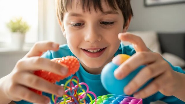 Boy holding and squeezing stress relief toys, focusing on sensory play for childhood neurological disorders and educational therapy for autism spectrum.
