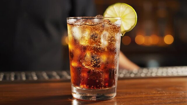 A refreshing cocktail being poured into a glass with ice and a slice of lime, set against a blurred bar background