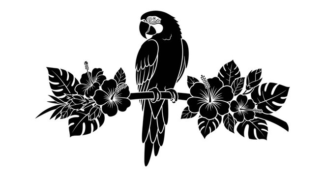 Black Parrot on Branch Silhouette.