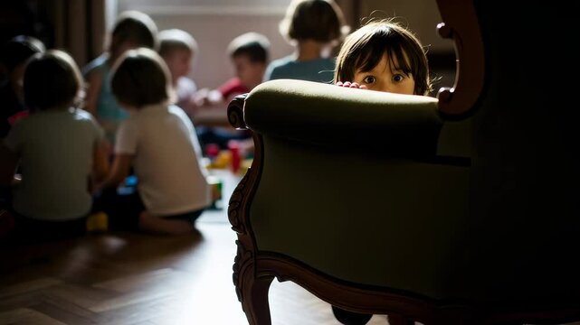 Child peeking from behind couch as other children play on floor. Autism spectrum disorder concept for sensory sensitivity awareness.
