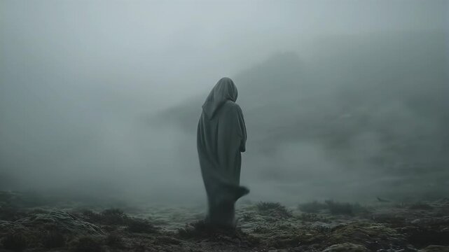 Woman in hooded cloak stands alone in misty landscape. Solitary figure emerges from fog in rocky terrain. Ethereal wanderer and mysterious atmosphere concept