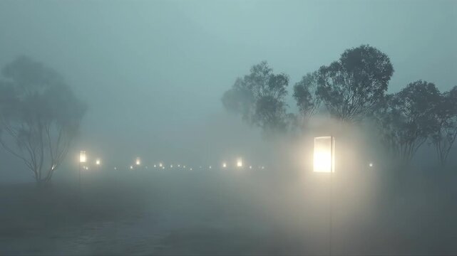 Foggy path through barren trees with emerging lights in mist. Serene woodland landscape sequence from hazy dawn to illuminated trail in natural fog.