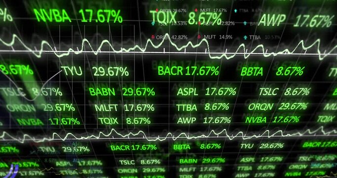 Animation of statistical and stock market data processing against black background