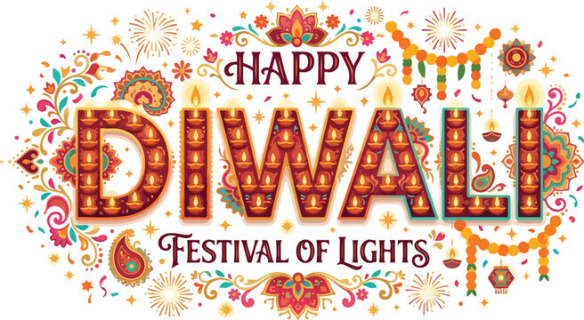 Colorful Diwali Festival of Lights greeting with intricate designs and patterns on a vibrant background.