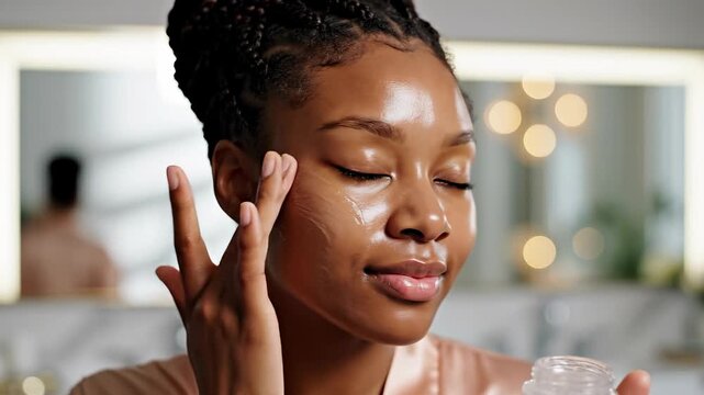 Young woman applying primer to her skin, with a bright and airy background featuring soft bokeh lights, creating an intimate beauty routine