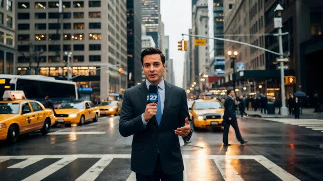 Male reporter delivering current news in city street. Journalist broadcasting breaking news live from a rainy urban environment.