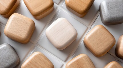 Fototapeta premium Wooden blocks of various shapes are placed on a light wood square tile background. This setup can be used for decoration and design ideas
