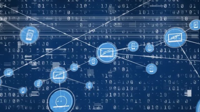 Animation of glitch effect over network of digital icons and binary coding against blue background