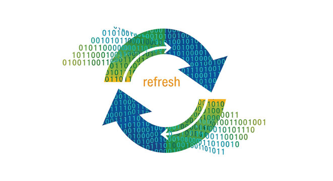 Vector refresh icon with binary code, blue and green arrows