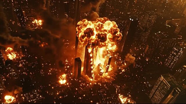 Massive Urban Destruction Scene With Tall Building Exploding High Above Cityscape At Night