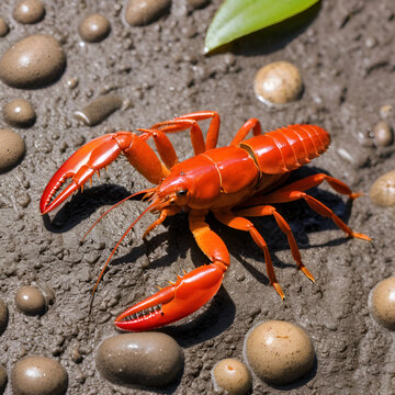Red swamp crayfish Procambarus clarkii crawling on mud
