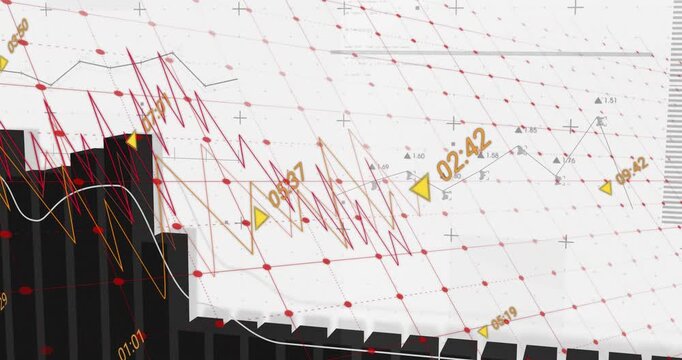 Financial data and time markers animation over fluctuating graph and bar chart