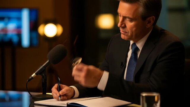 Male journalist making notes during interview or news report at table, speaker microphone, glasses, for broadcast
