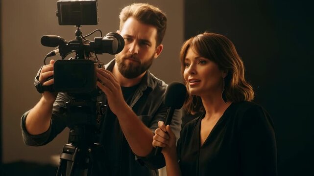 A woman journalist with a microphone interviews a man operating a video camera, engaging in news reporting and documentary work