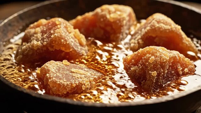 Traditional Indian sweets made with jaggery in frying pan, delicious dessert pieces cooking in sugar syrup. Sweet jaggery desserts are significant for festivals and celebrations in India,