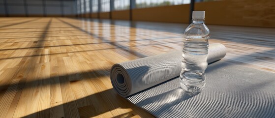Yoga mat and water bottle sit on wooden floor in an empty room filled with soft light and a blurred dark wall background