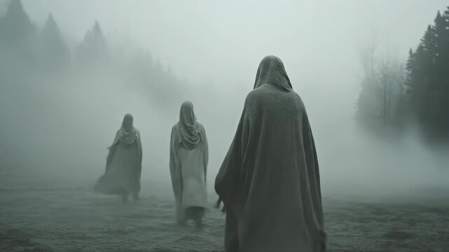 Hooded figures standing in misty forest. Group of cloaked wanderers walking through fog-shrouded woods. Mysterious procession and atmospheric journey concept.