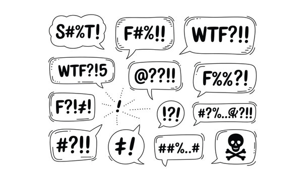 Comic Speech Bubble Set with Censored Swear Words and Expressive Symbols for Cartoon Graphic Design