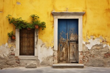 Fototapeta premium Old building facade featuring peeling paint, a blue door, and a window with plants