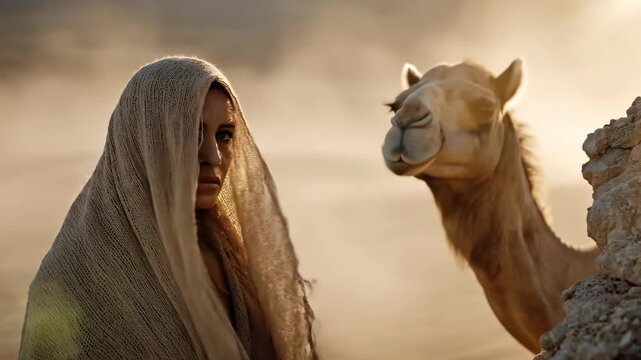 Woman facing camel in misty desert. Gentle interaction between human and animal. Traditional headscarf and sandy landscape evoking cultural encounter.