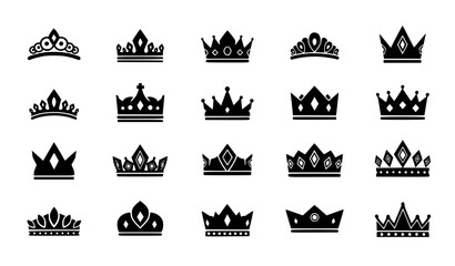 Black crown icon collection with king and queen tiaras simple luxury royalty vector set © Mithun